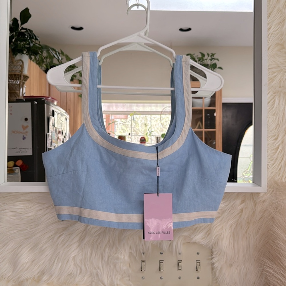 Avec Les Filles Linen Blend Crop Top Ice Blue Coastal Summer Tank L
